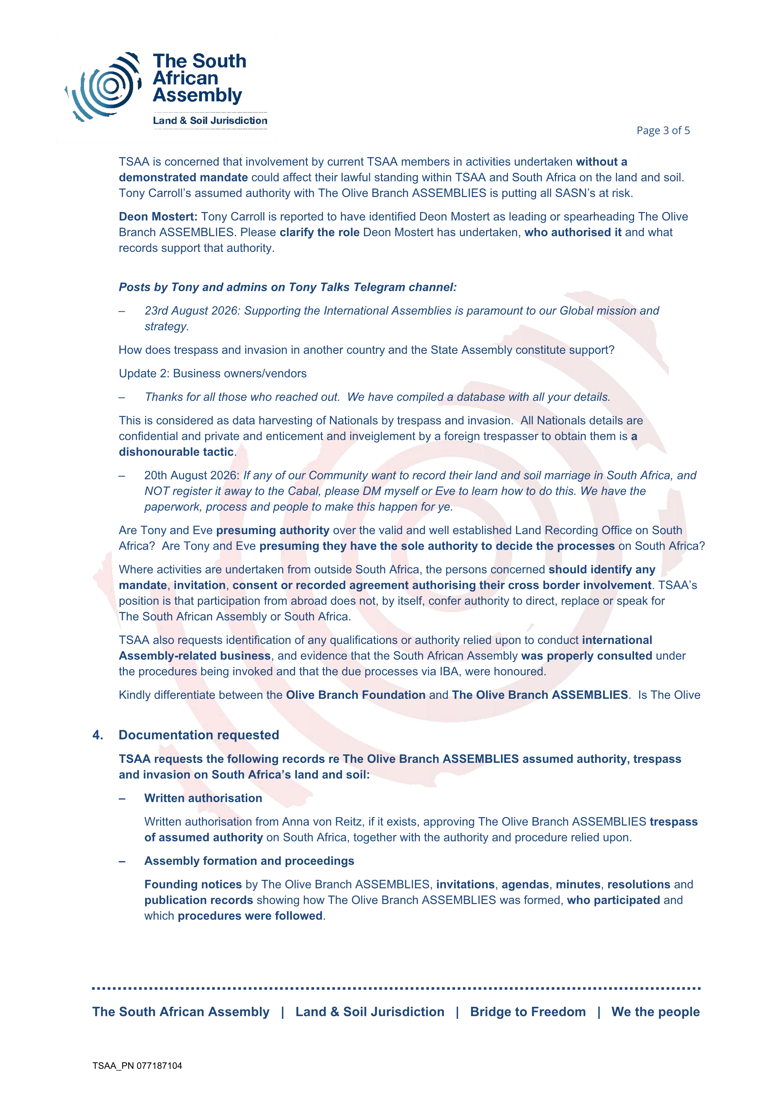 Public notice The South African Assembly Recording number 077187104  The Olive Branch Assemblies